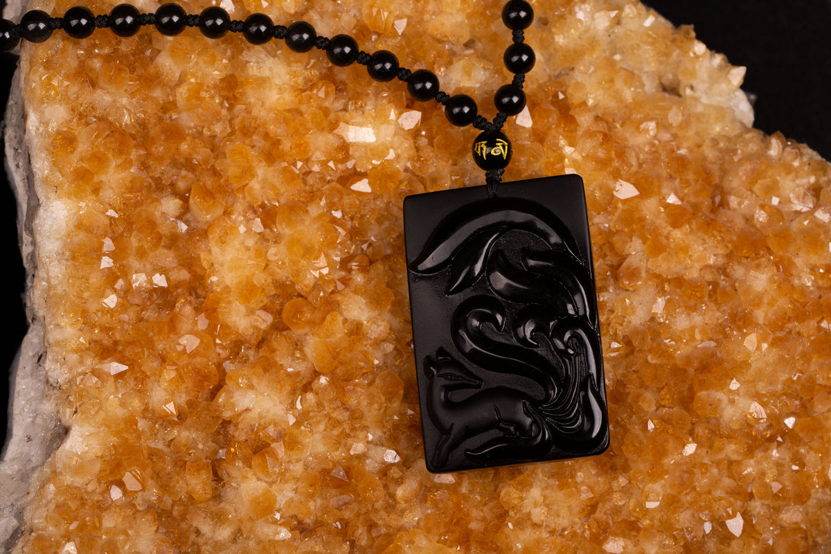 Jiu Wei Hu Black Obsidian Pendant