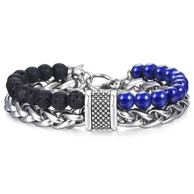 Men's Beaded Stone Bracelet Stainless Steel Wheat Chain