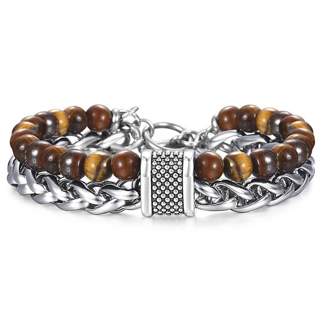 Men's Beaded Stone Bracelet Stainless Steel Wheat Chain