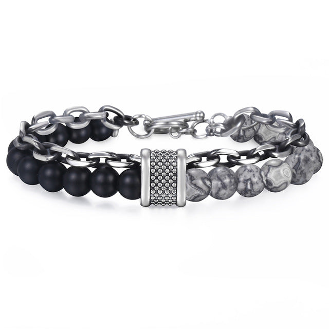 Men's Beaded Stone Bracelet Stainless Steel Wheat Chain