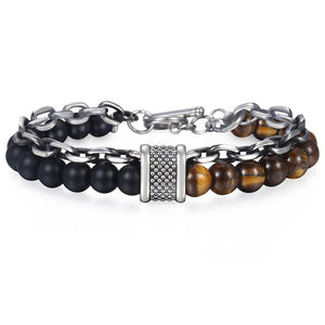 Men's Beaded Stone Bracelet Stainless Steel Wheat Chain